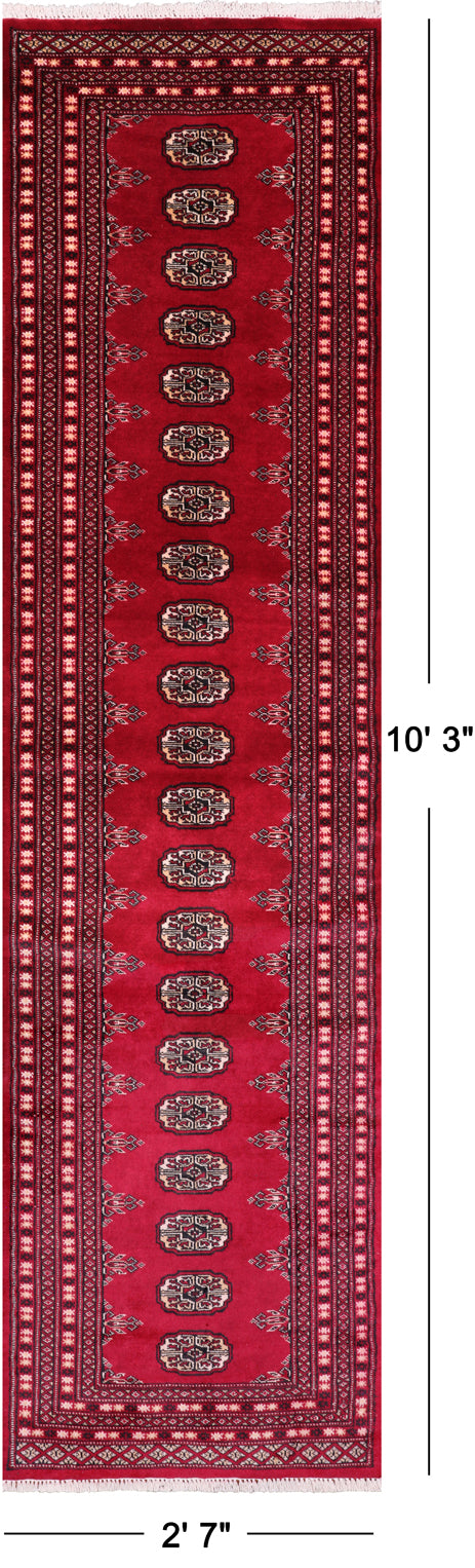 Red Bokhara Hand Knotted Wool Runner Rug - 2' 7" X 10' 3"