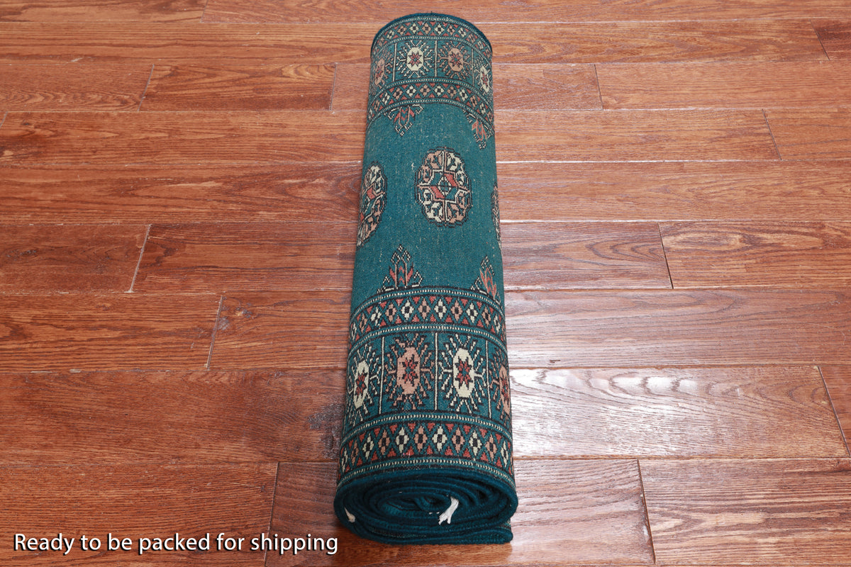 Green Bokhara Hand-Knotted Wool Runner Rug - 2' 6" X 9' 6"