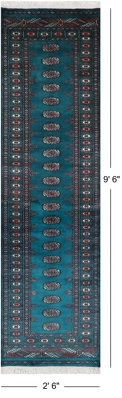 Green Bokhara Hand-Knotted Wool Runner Rug - 2' 6" X 9' 6"