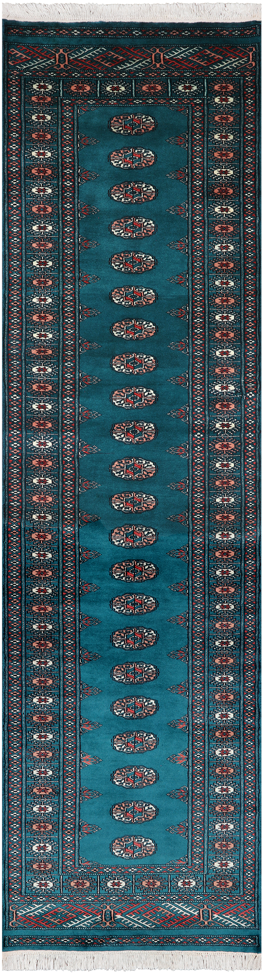 Green Bokhara Hand-Knotted Wool Runner Rug - 2' 6" X 9' 6"