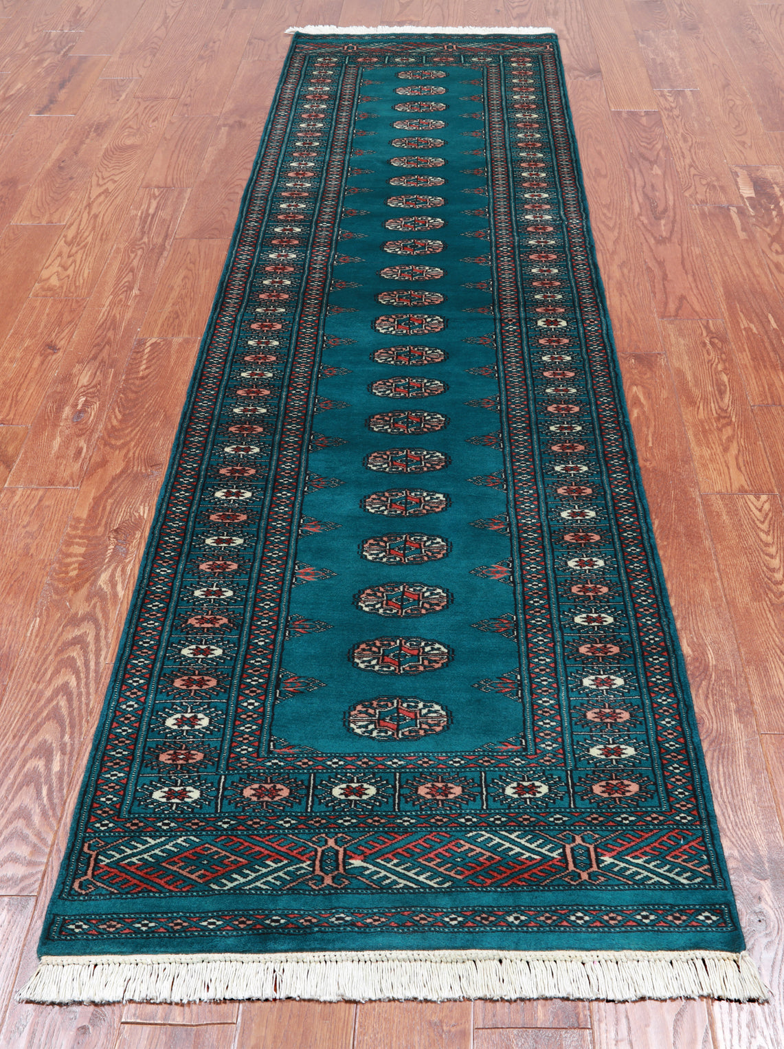 Green Bokhara Hand-Knotted Wool Runner Rug - 2' 6" X 9' 6"