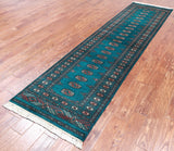 Green Bokhara Hand-Knotted Wool Runner Rug - 2' 6" X 9' 6"