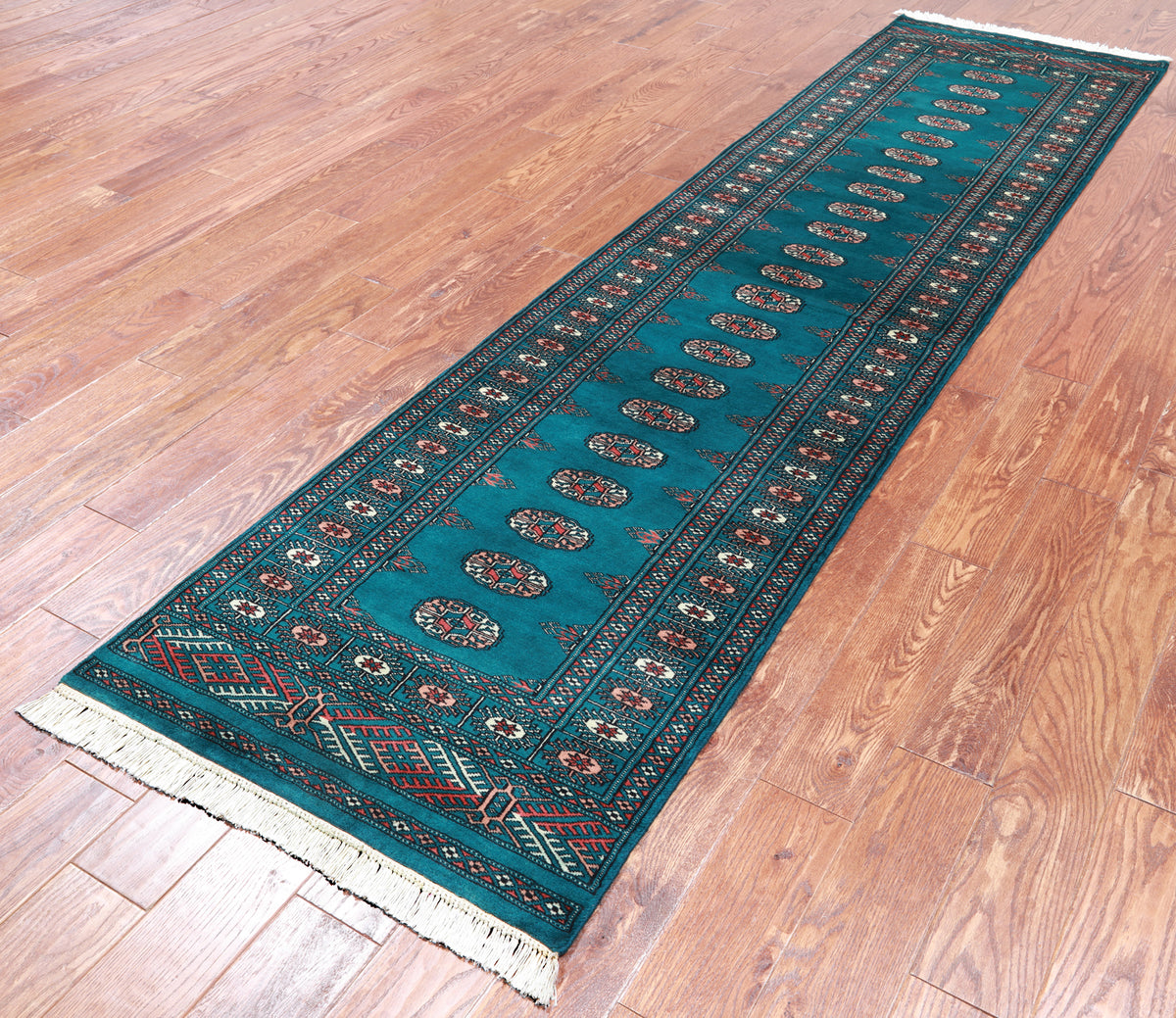 Green Bokhara Hand-Knotted Wool Runner Rug - 2' 6" X 9' 6"