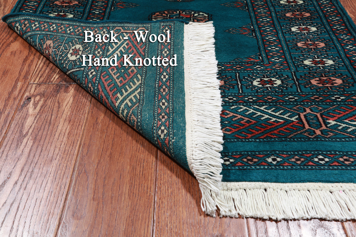 Green Bokhara Hand-Knotted Wool Runner Rug - 2' 6" X 9' 6"