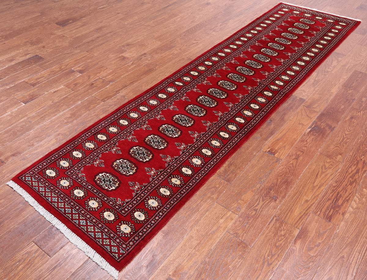 Red Bokhara Hand-Knotted Wool Runner Rug - 2' 7" X 10' 1"