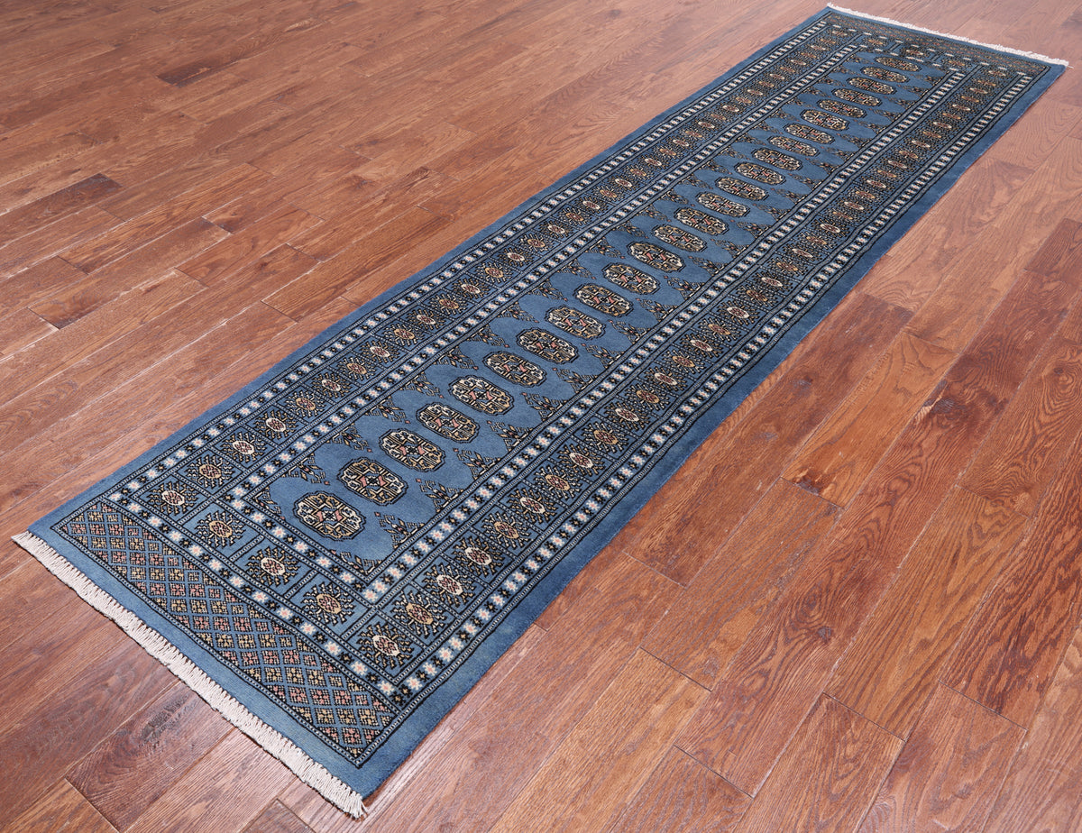 Blue Bokhara Hand Knotted Wool Runner Rug - 2' 7" X 9' 8"