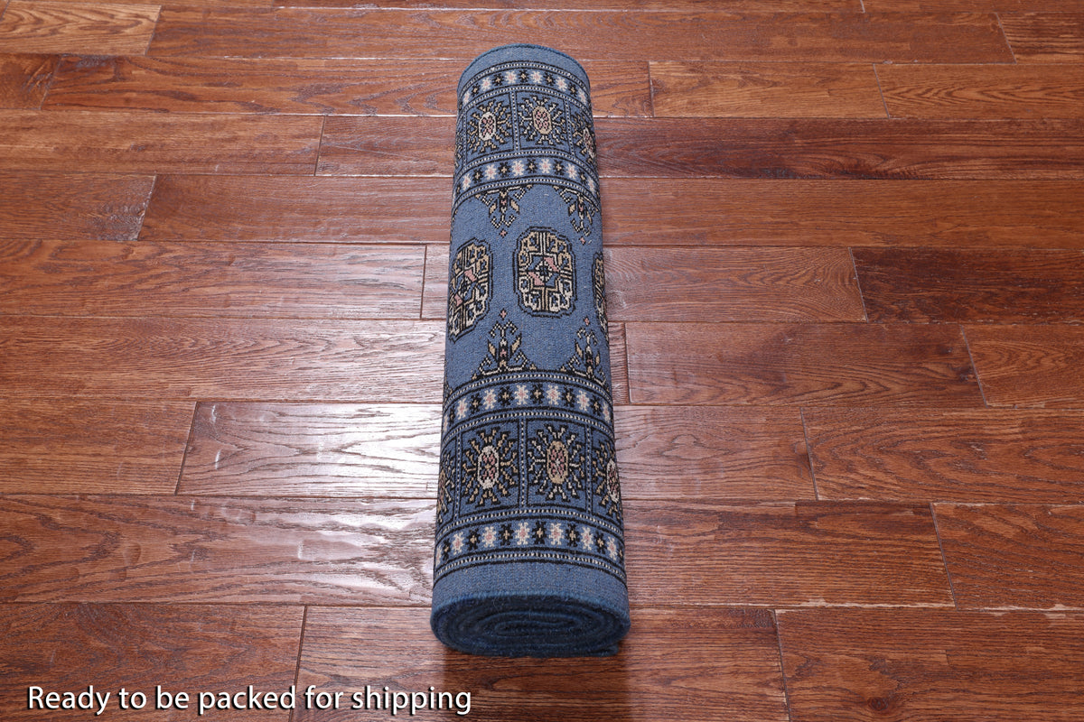 Blue Bokhara Hand Knotted Wool Runner Rug - 2' 7" X 9' 8"