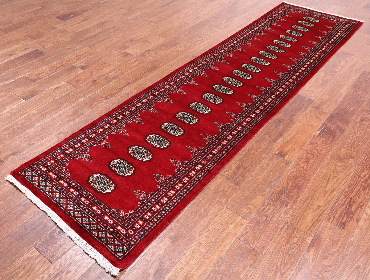 Red Bokhara Hand Knotted Wool Runner Rug - 2' 6" X 9' 10"