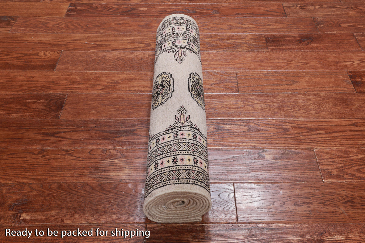 Ivory Bokhara Hand Knotted Wool Runner Rug - 2' 7" X 9' 10"