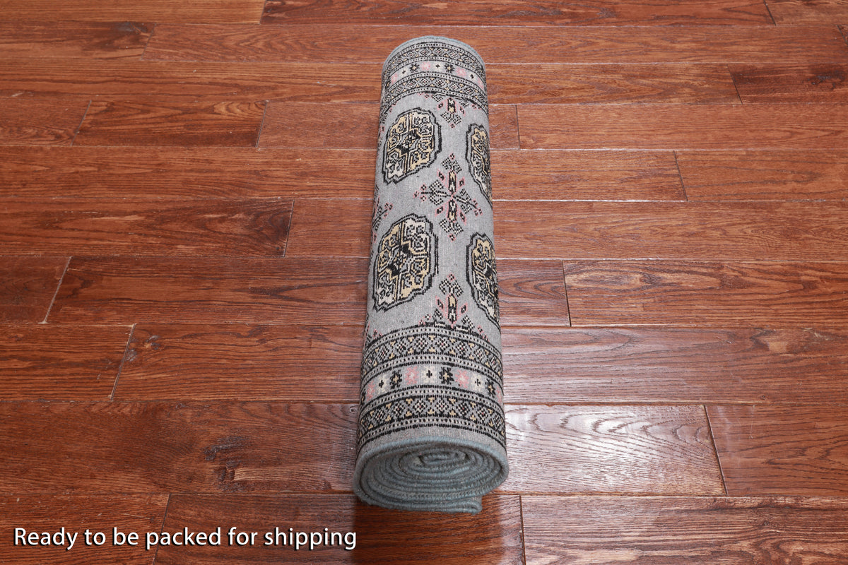 Grey Bokhara Hand Knotted Wool Runner Rug - 2' 6" X 9' 6"