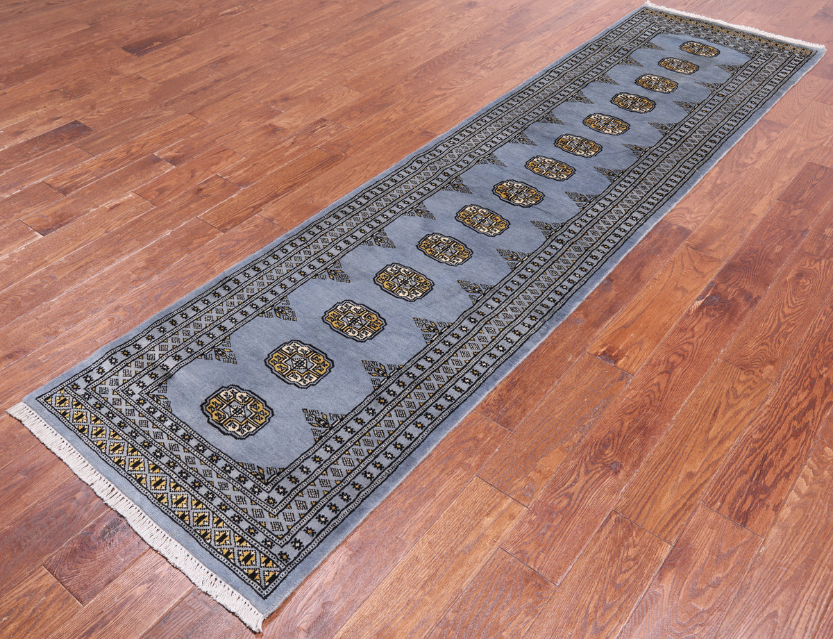 Grey Bokhara Hand Knotted Wool Runner Rug - 2' 7" X 9' 9"