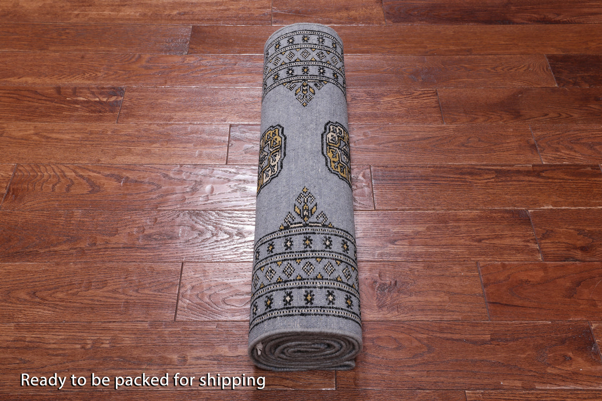 Grey Bokhara Hand Knotted Wool Runner Rug - 2' 7" X 9' 9"