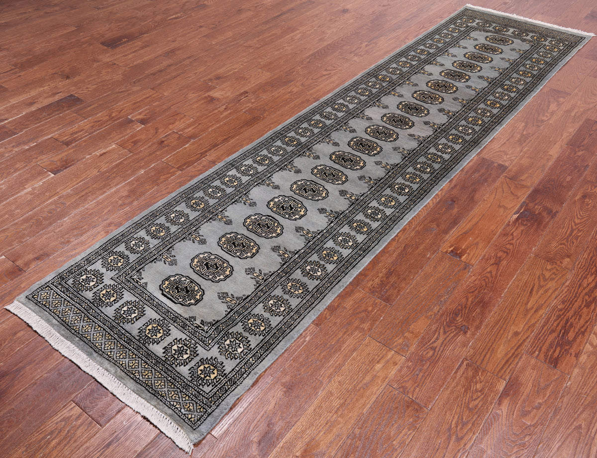 Grey Bokhara Hand-Knotted Wool Runner Rug - 2' 6" X 10' 3"