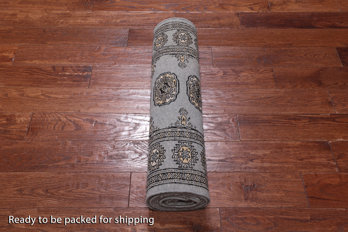 Grey Bokhara Hand-Knotted Wool Runner Rug - 2' 6" X 10' 3"