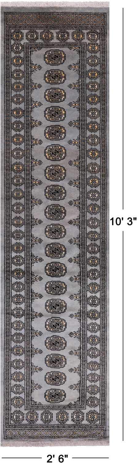Grey Bokhara Hand-Knotted Wool Runner Rug - 2' 6" X 10' 3"