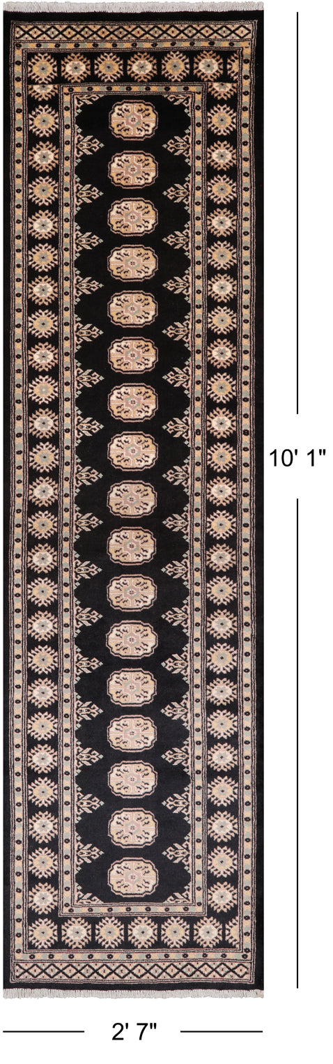 Black Bokhara Hand-Knotted Wool Runner Rug - 2' 7" X 10' 1"