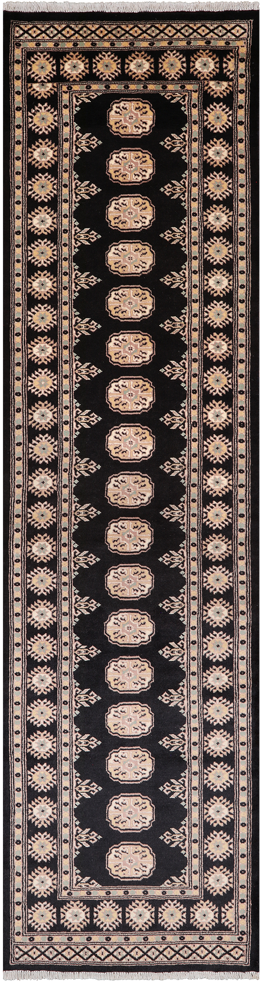 Black Bokhara Hand-Knotted Wool Runner Rug - 2' 7" X 10' 1"