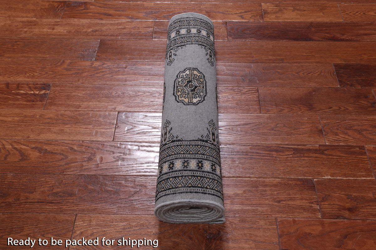 Grey Bokhara Hand-Knotted Wool Runner Rug - 2' 6" X 11' 10"