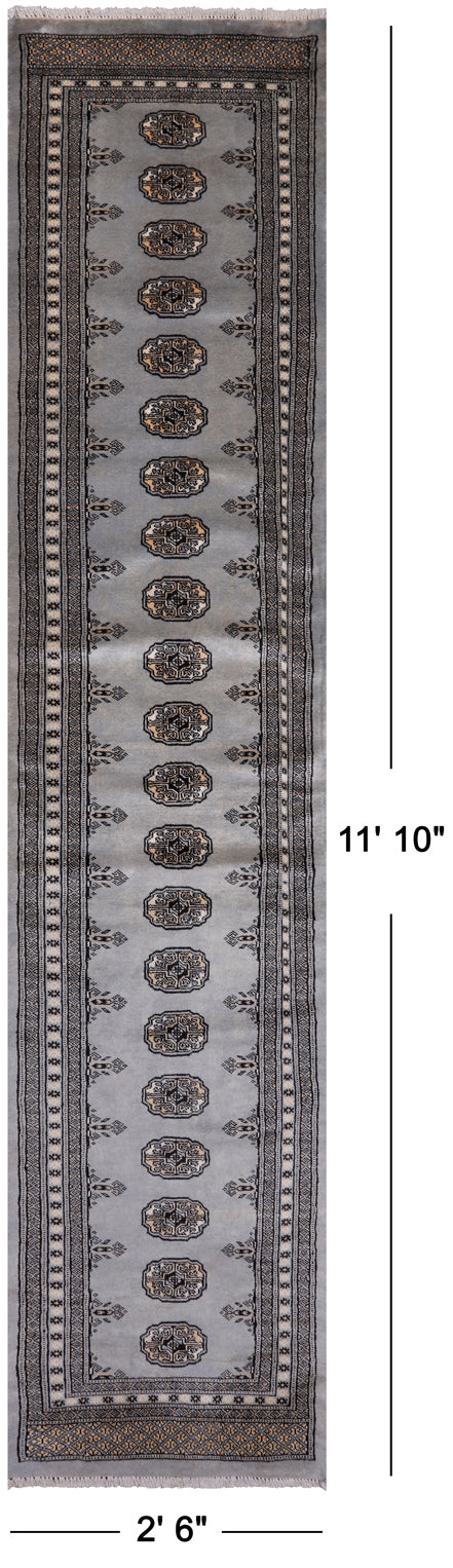 Grey Bokhara Hand-Knotted Wool Runner Rug - 2' 6" X 11' 10"