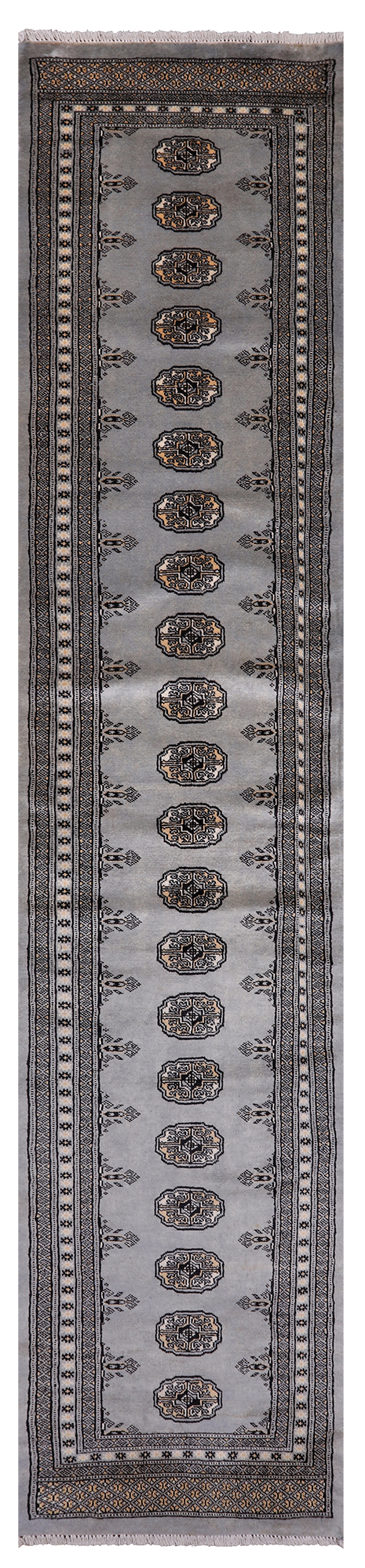 Grey Bokhara Hand-Knotted Wool Runner Rug - 2' 6" X 11' 10"