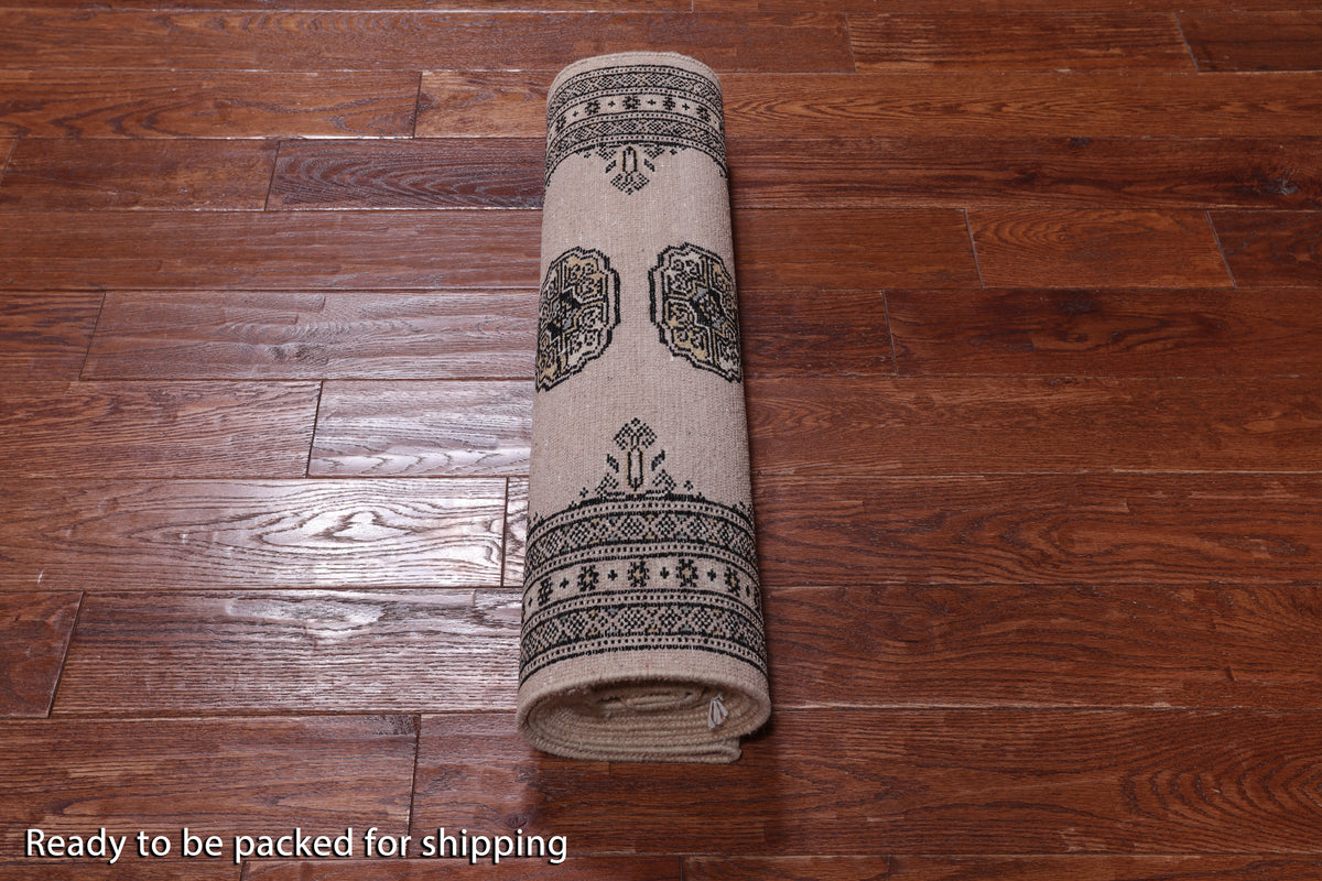 Ivory Bokhara Handmade Wool Runner Rug - 2' 7" X 12' 0"
