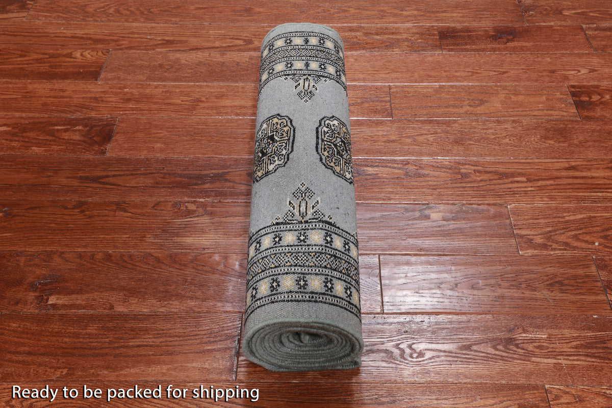 Grey Bokhara Handmade Wool Runner Rug - 2' 6" X 11' 10"