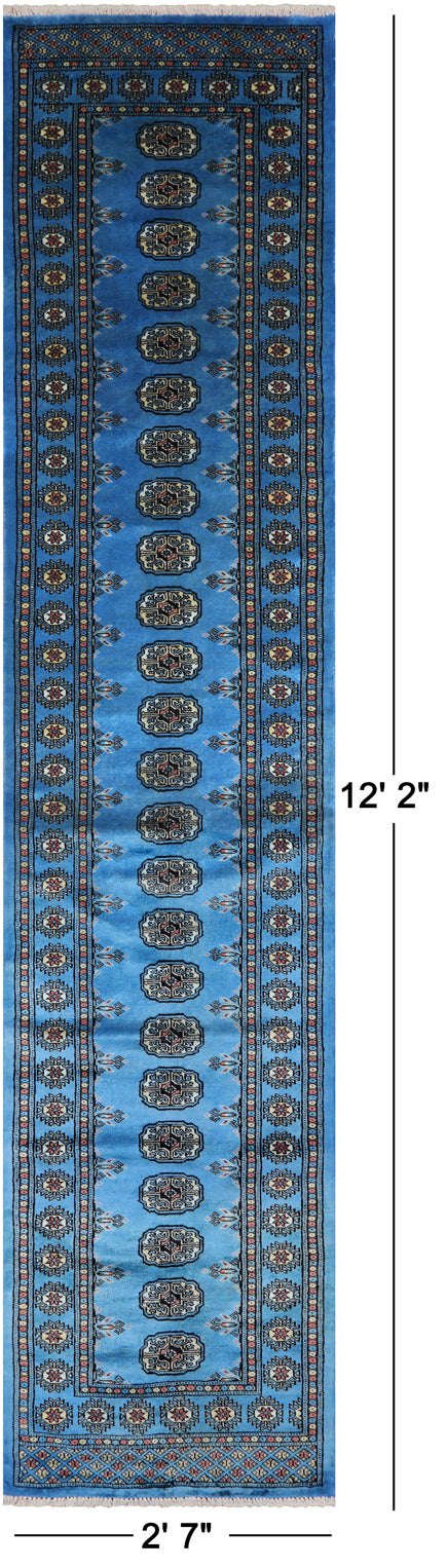 Blue Bokhara Hand Knotted Wool Runner Rug - 2' 7" X 12' 2"