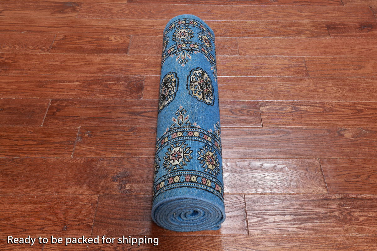 Blue Bokhara Hand Knotted Wool Runner Rug - 2' 7" X 12' 2"