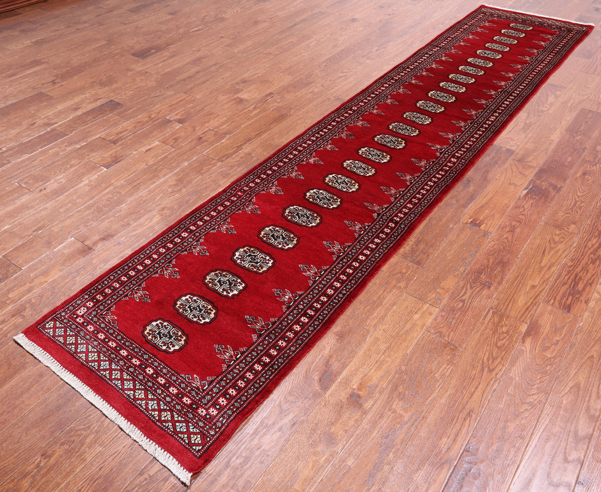 Red Bokhara Hand Knotted Wool Runner Rug - 2' 6" X 12' 0"