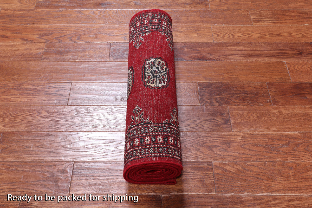 Red Bokhara Hand Knotted Wool Runner Rug - 2' 6" X 12' 0"