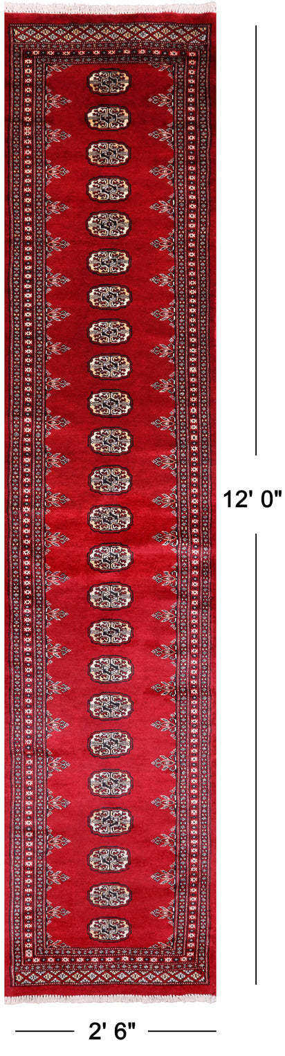 Red Bokhara Hand Knotted Wool Runner Rug - 2' 6" X 12' 0"