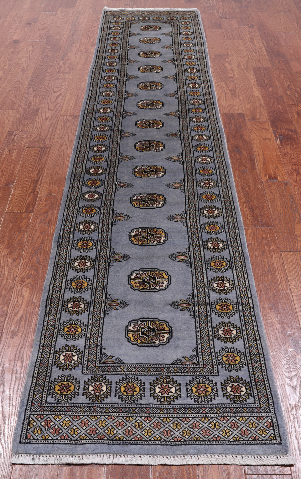 Grey Bokhara Hand Knotted Wool Runner Rug - 2' 6" X 11' 4"