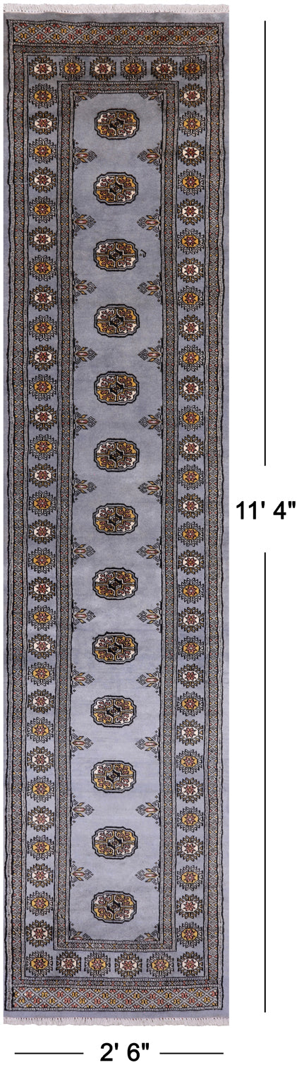 Grey Bokhara Hand Knotted Wool Runner Rug - 2' 6" X 11' 4"