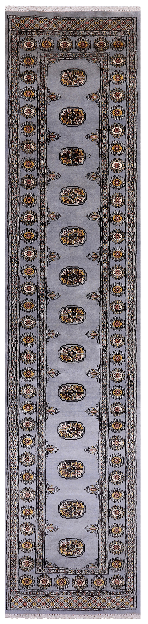 Grey Bokhara Hand Knotted Wool Runner Rug - 2' 6" X 11' 4"