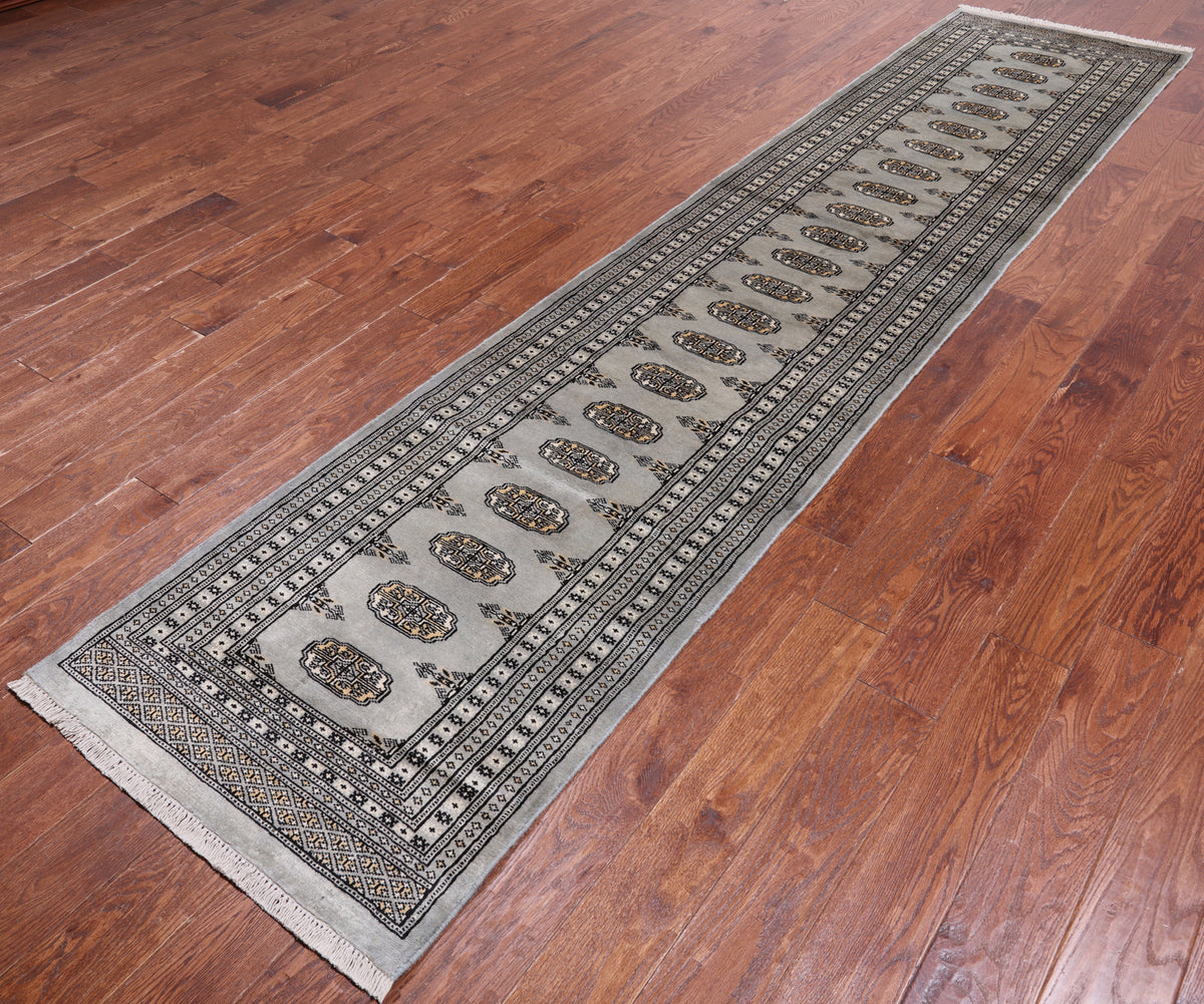 Grey Bokhara Hand Knotted Wool Runner Rug - 2' 6" X 11' 9"