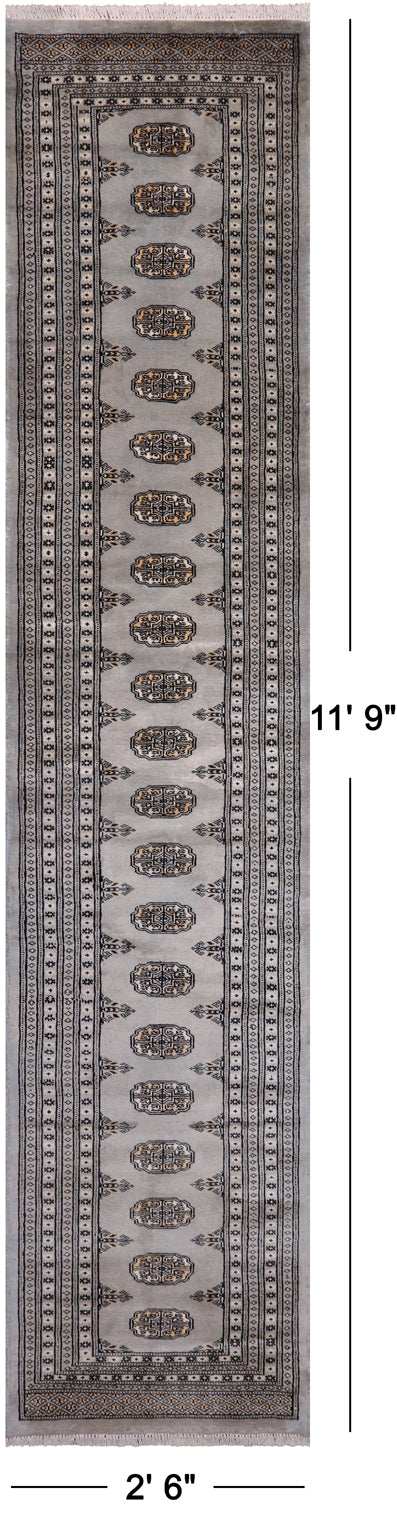 Grey Bokhara Hand Knotted Wool Runner Rug - 2' 6" X 11' 9"