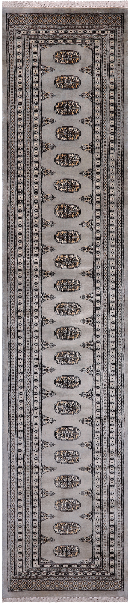 Grey Bokhara Hand Knotted Wool Runner Rug - 2' 6" X 11' 9"