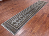 Grey Bokhara Hand Knotted Wool Runner Rug - 2' 7" X 12' 5"