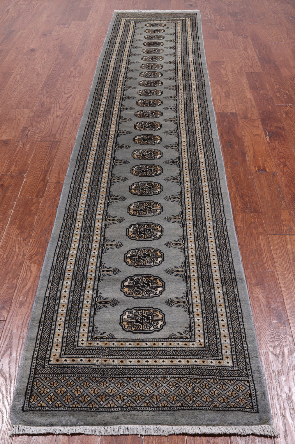 Grey Bokhara Hand Knotted Wool Runner Rug - 2' 7" X 12' 5"
