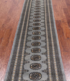 Grey Bokhara Hand Knotted Wool Runner Rug - 2' 7" X 12' 5"