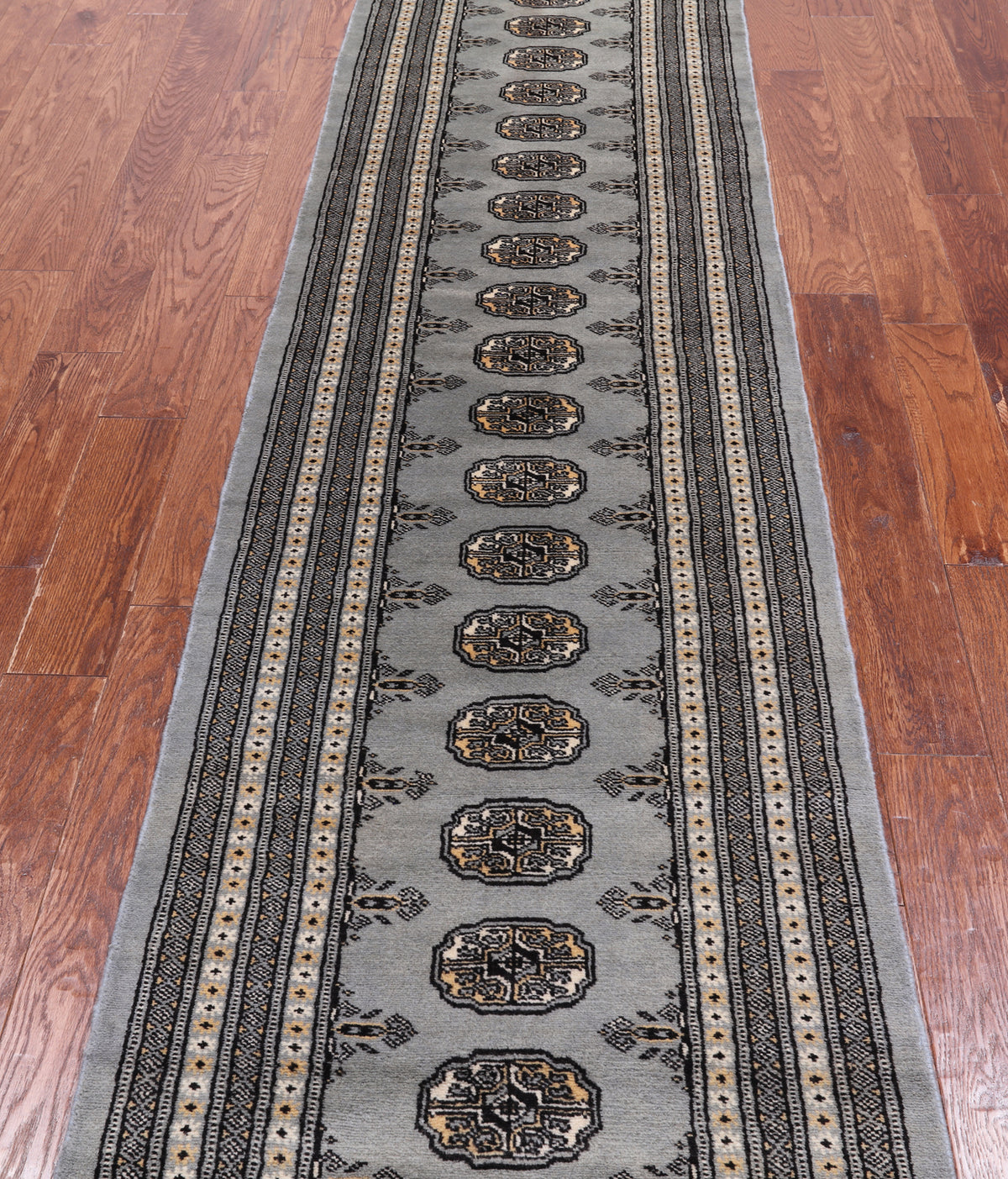 Grey Bokhara Hand Knotted Wool Runner Rug - 2' 7" X 12' 5"
