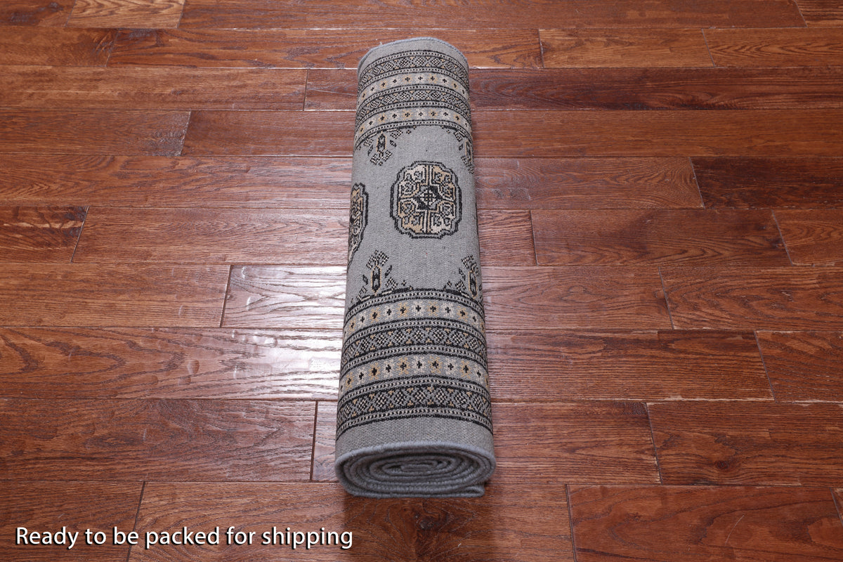 Grey Bokhara Hand Knotted Wool Runner Rug - 2' 7" X 12' 5"
