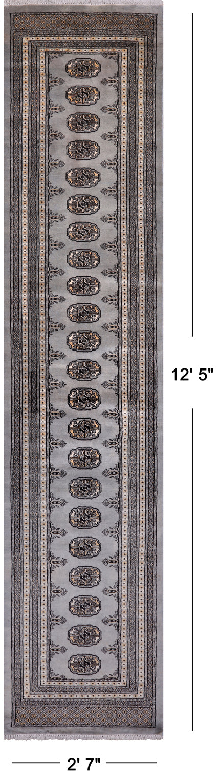 Grey Bokhara Hand Knotted Wool Runner Rug - 2' 7" X 12' 5"