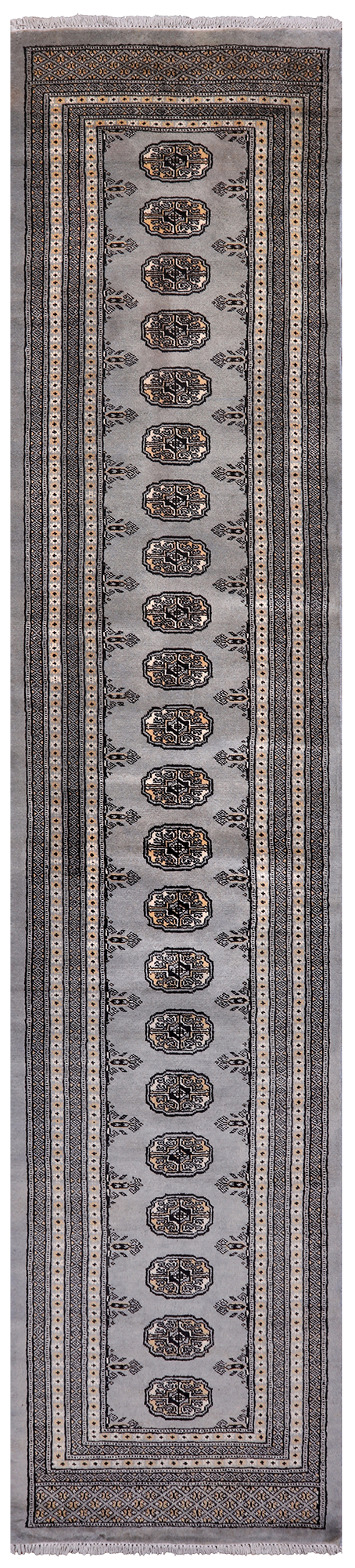 Grey Bokhara Hand Knotted Wool Runner Rug - 2' 7" X 12' 5"