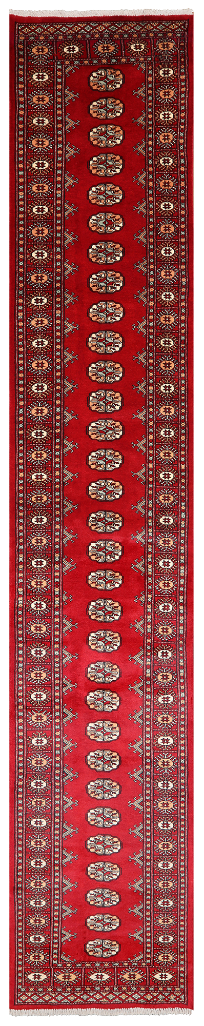 Red Bokhara Hand-Knotted Wool Runner Rug - 2' 6" X 14' 3"