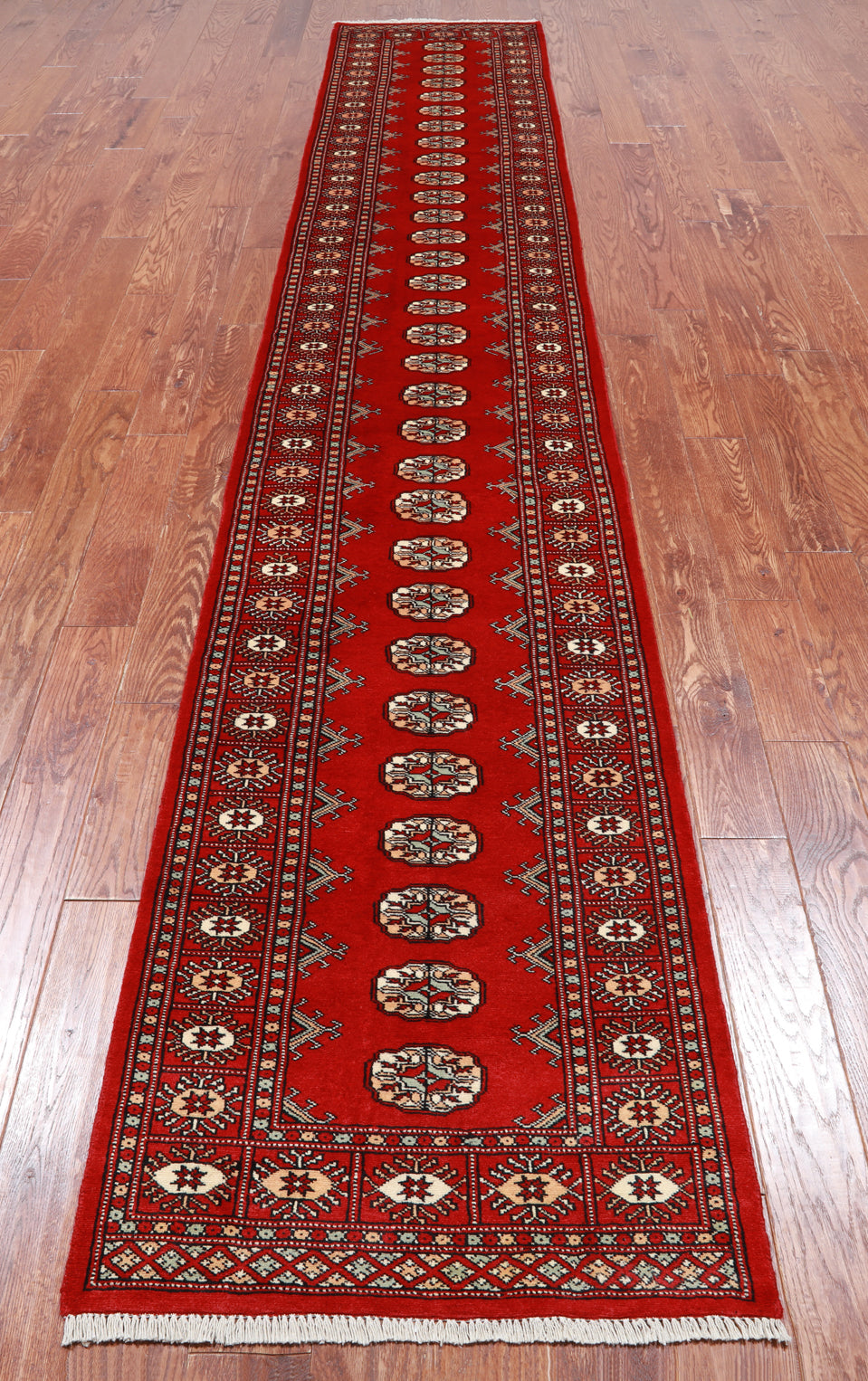 Red Bokhara Hand-Knotted Wool Runner Rug - 2' 6" X 14' 3"