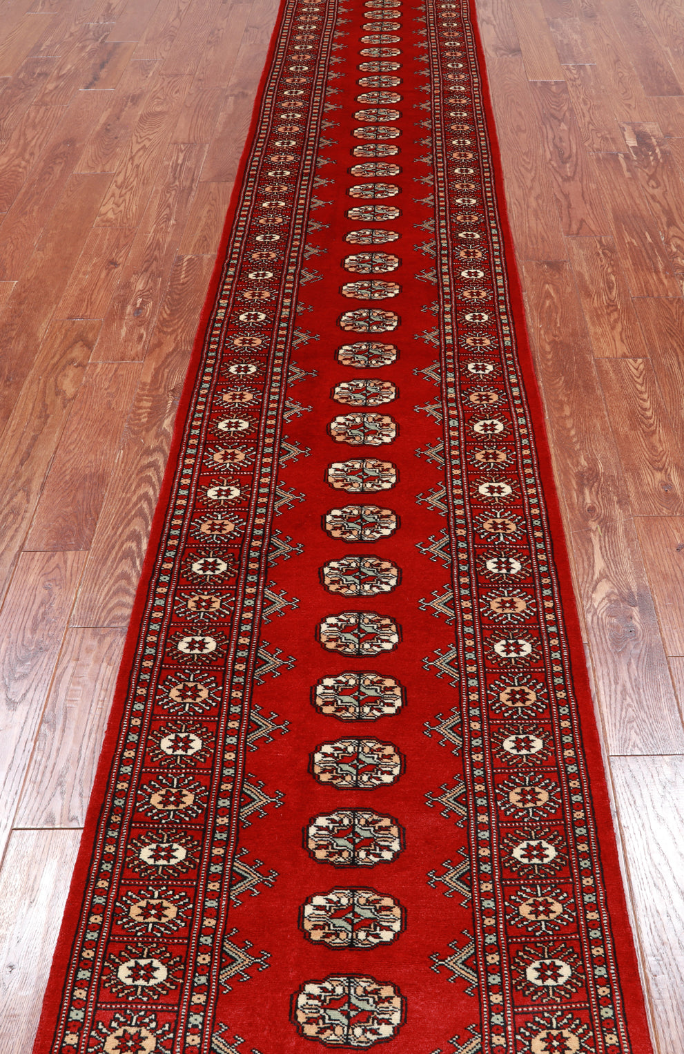 Red Bokhara Hand-Knotted Wool Runner Rug - 2' 6" X 14' 3"
