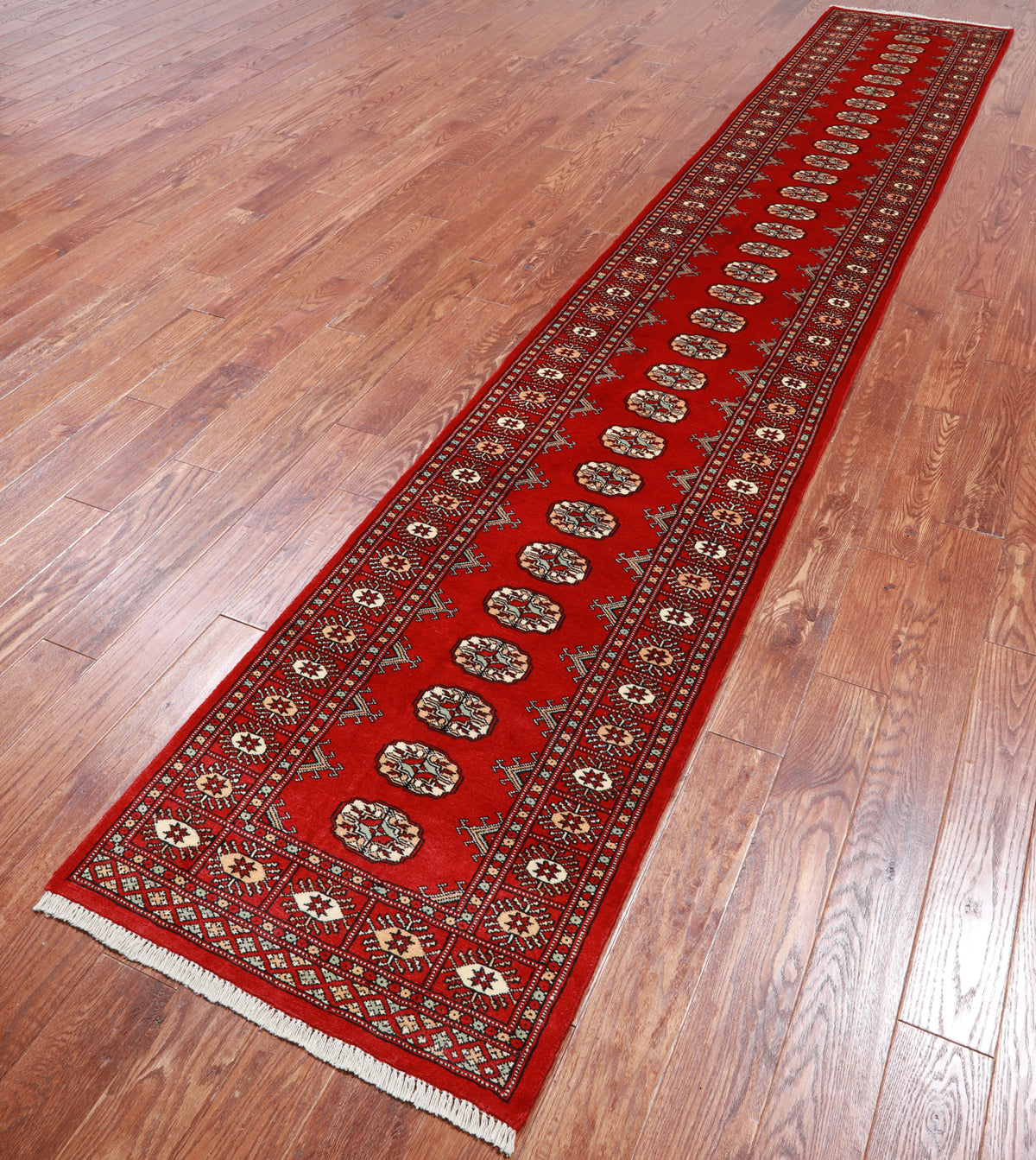 Red Bokhara Hand-Knotted Wool Runner Rug - 2' 6" X 14' 3"