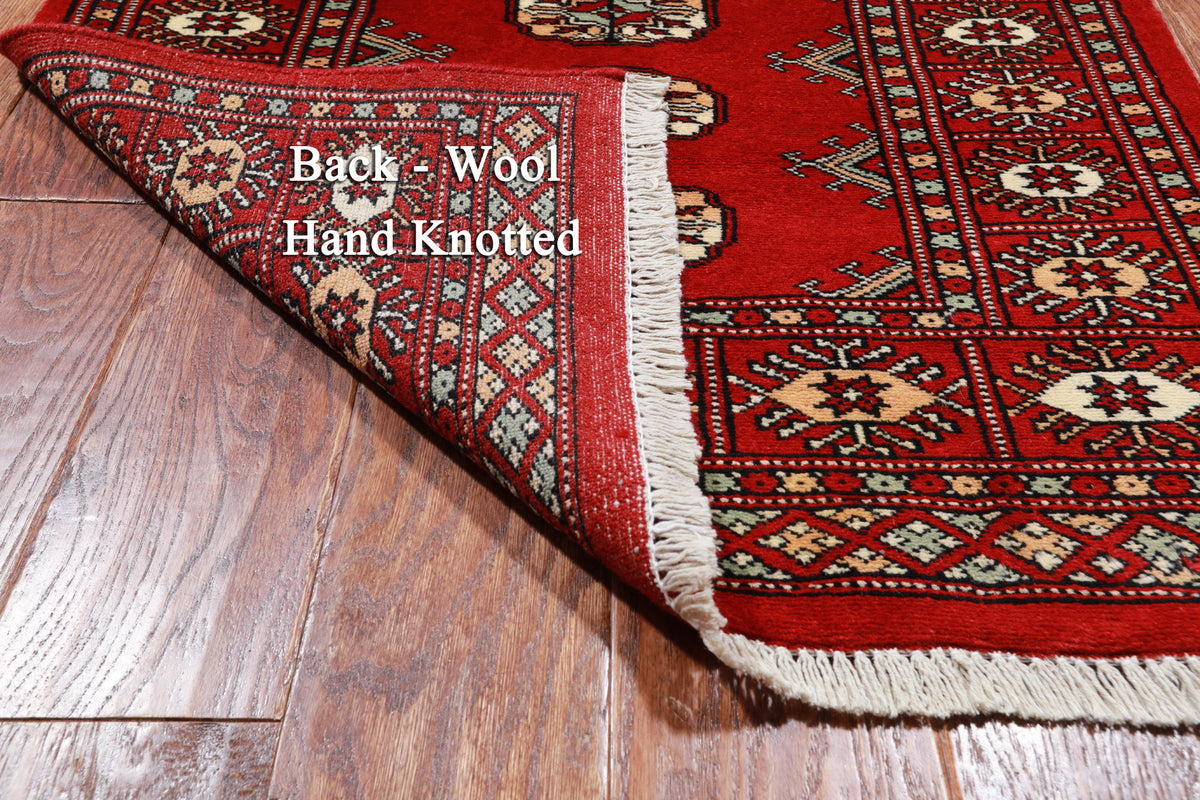 Red Bokhara Hand-Knotted Wool Runner Rug - 2' 6" X 14' 3"