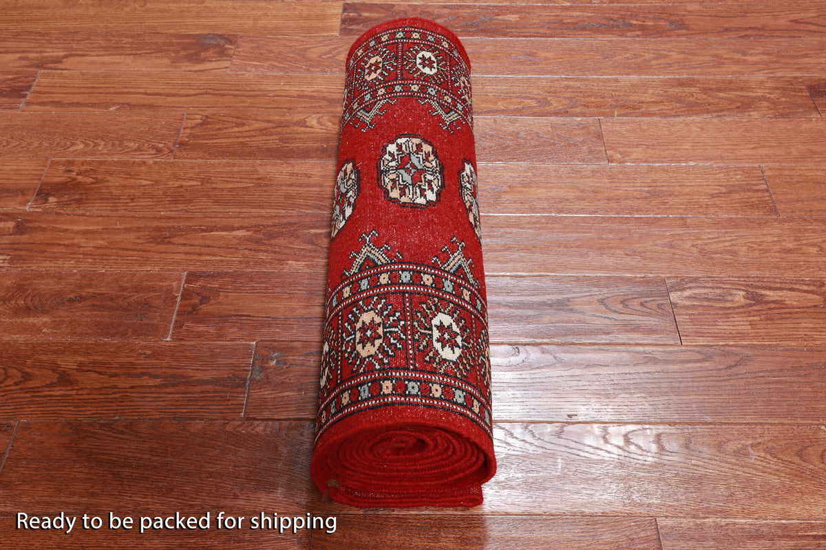 Red Bokhara Hand-Knotted Wool Runner Rug - 2' 6" X 14' 3"